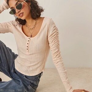 Free People Hope Henley Ribbed Long Sleeve Top in Light Pink